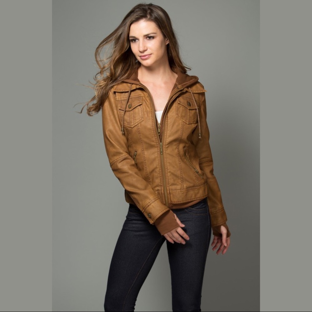 Faux Leather Hooded Jacket XL